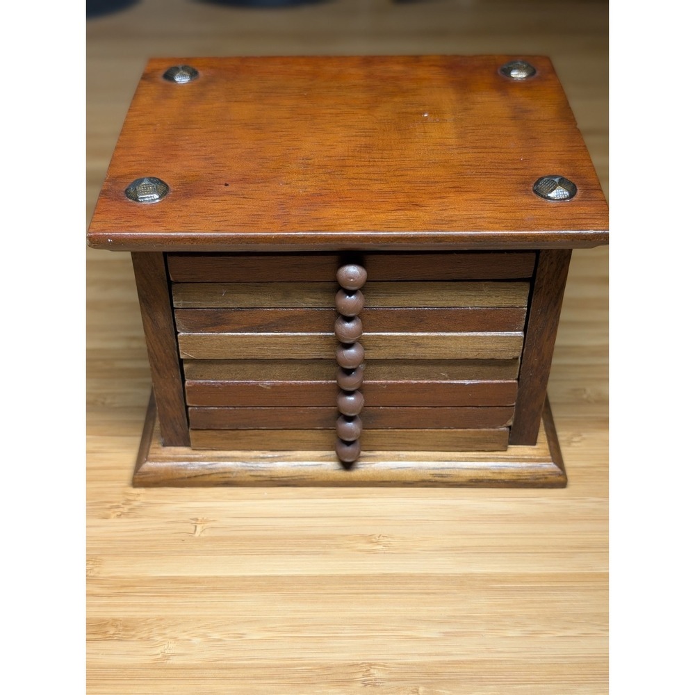 Vintage Wooden Cork Coaster Set w/Storage Box Holder 8 PC Japan MCM